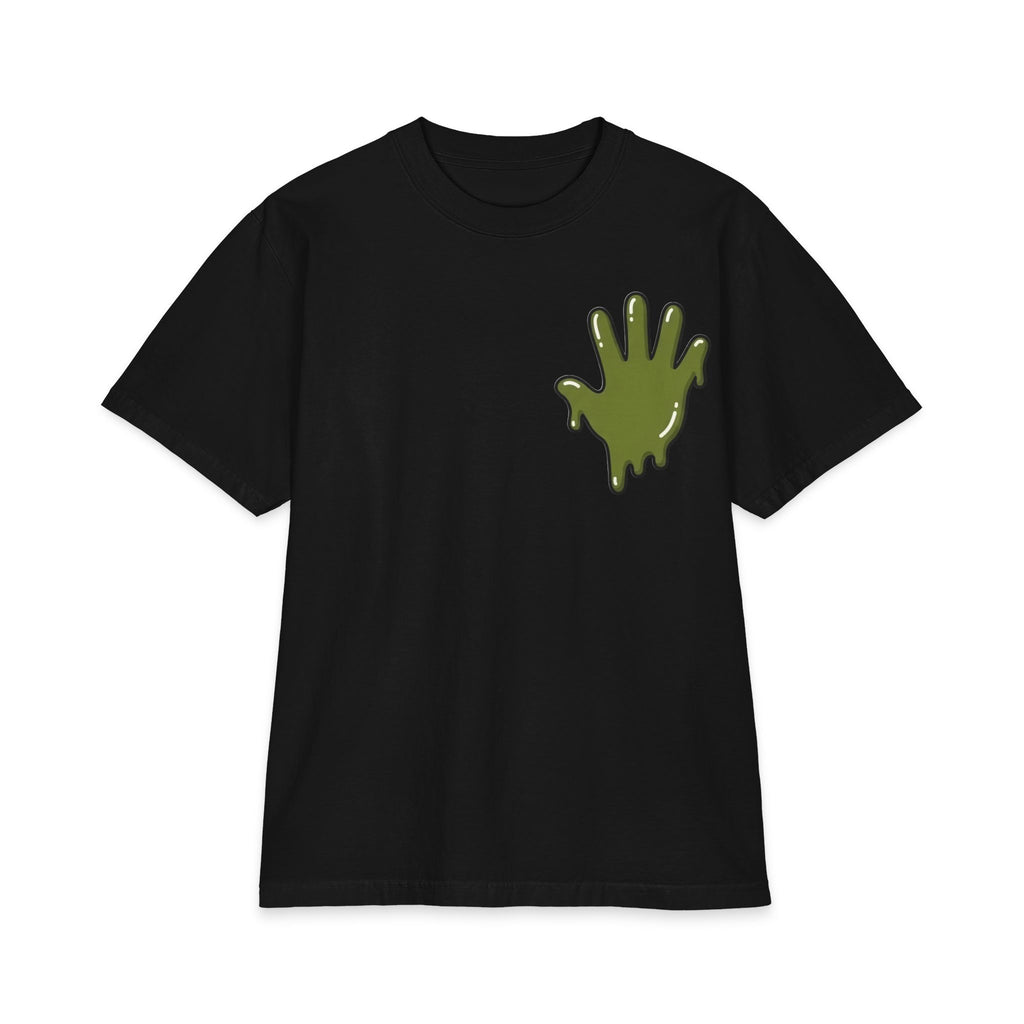 The Slime Shop Max Heavyweight Tee — White / Olive Slime In 5 Front + SLIME Back