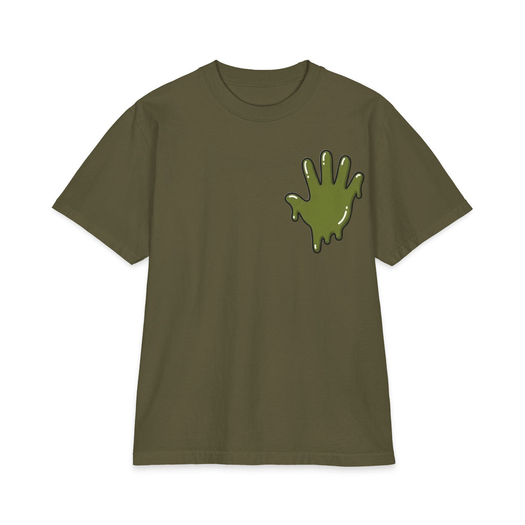 The Slime Shop Max Heavyweight Tee — White / Olive Slime In 5 Front + SLIME Back