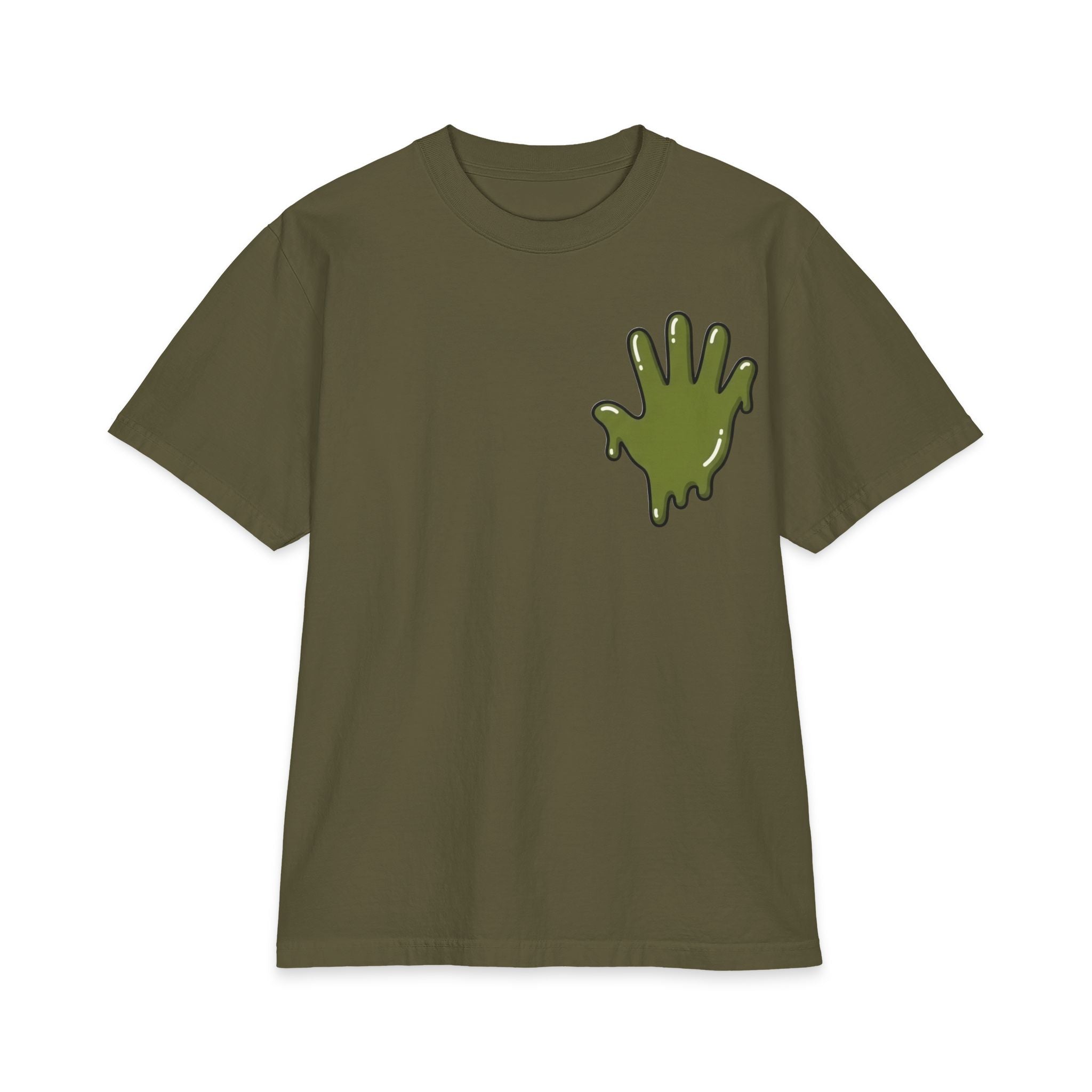The Slime Shop Max Heavyweight Tee — White / Olive Slime In 5 Front + SLIME Back