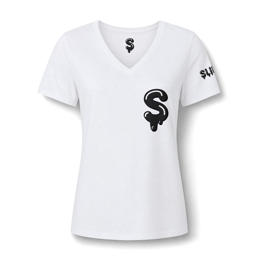 The Slime Shop Women's V-Neck Tee — White / Black Slime-$