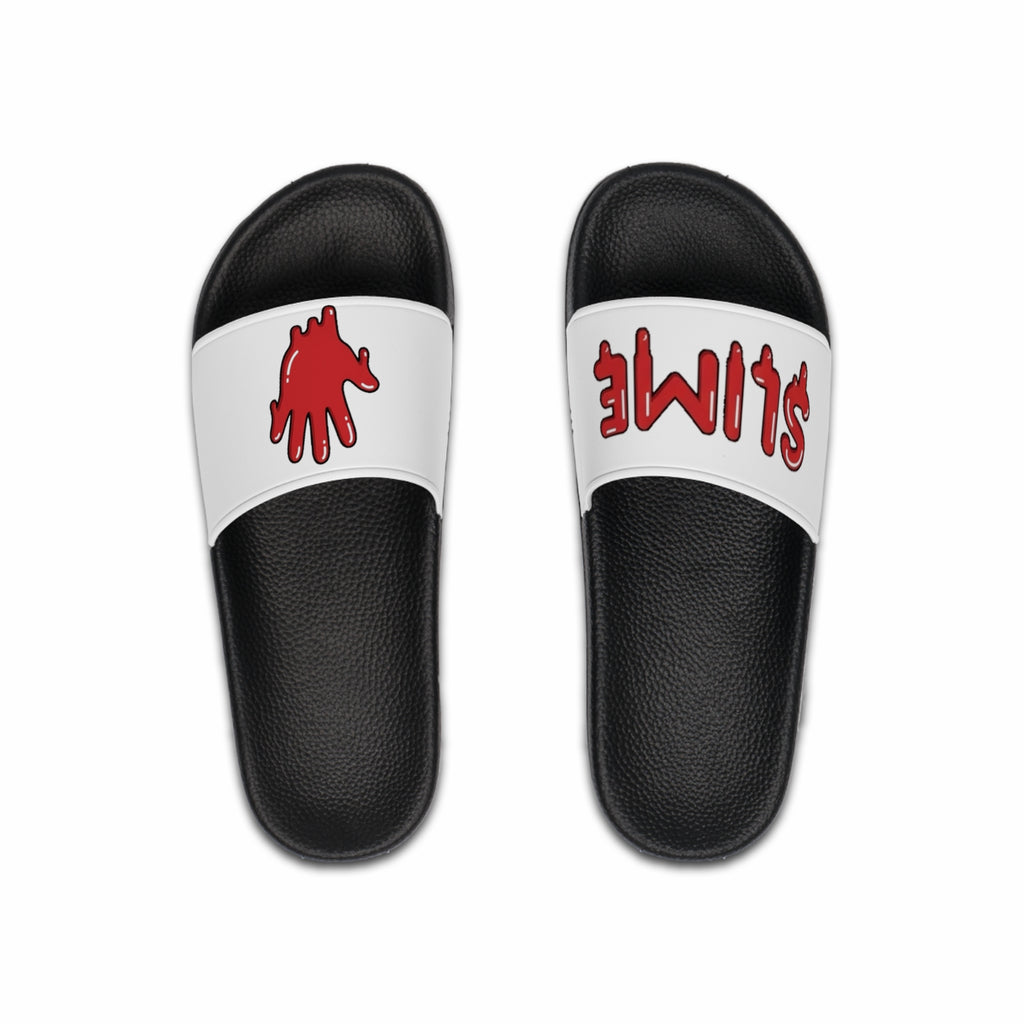 The Slime Shop slides in white with a pink five-finger slime hand logo