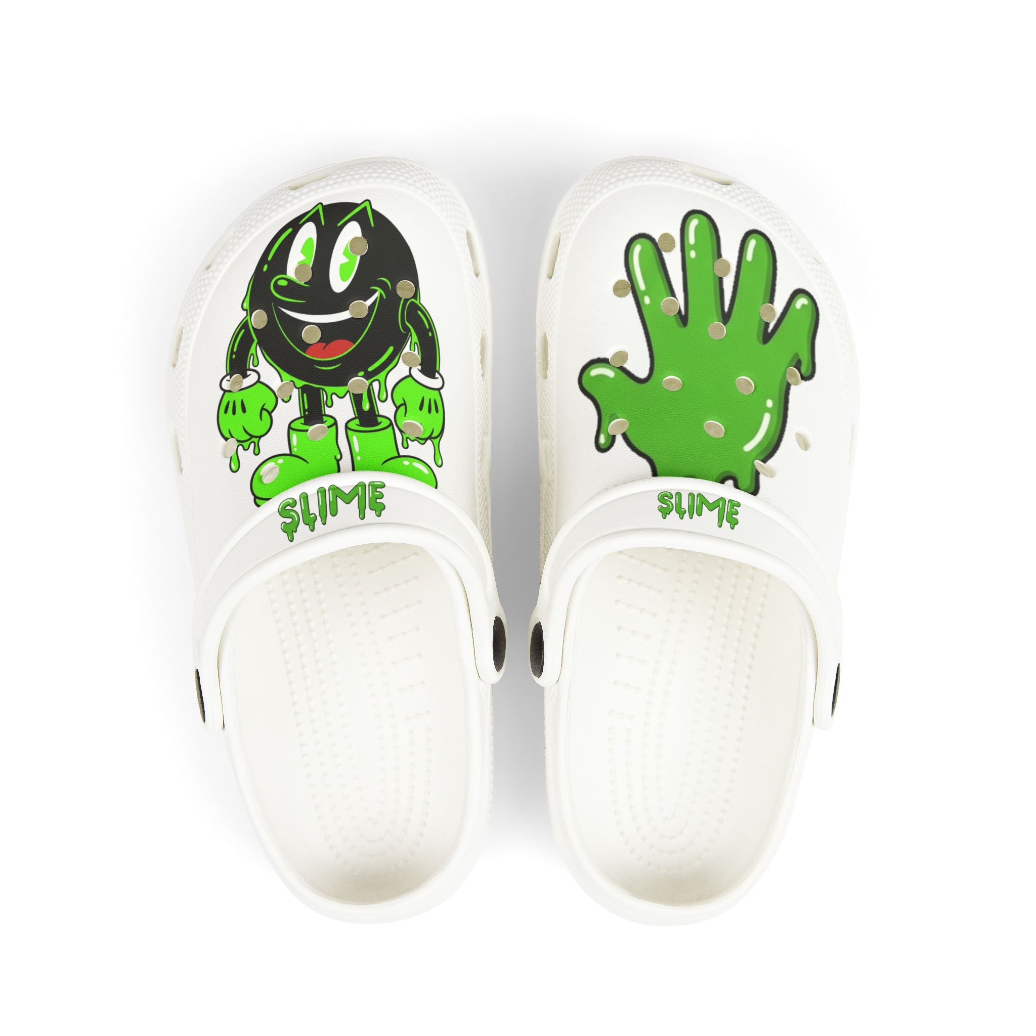 The Slime Shop Kids' EVA Foam Clogs — White / Green Slime AOP (Slimeman Gzzz + Slime Hand)