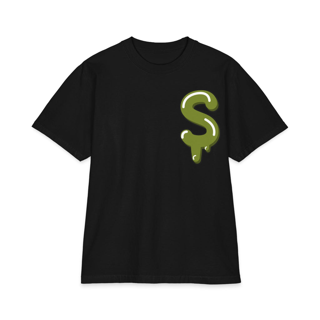 The Slime Shop Max Heavyweight Tee — White / Olive Slime $ Front + SLIME Back