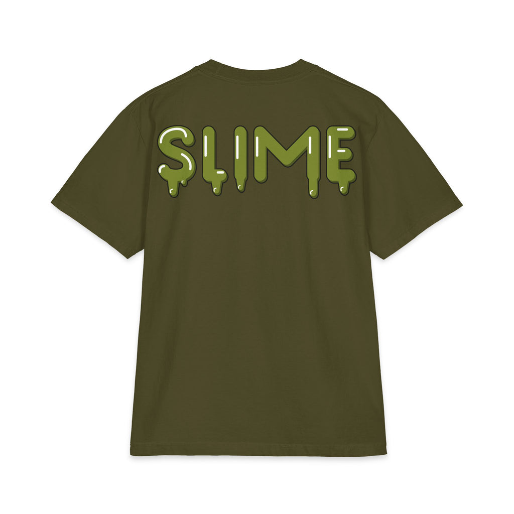 The Slime Shop Max Heavyweight Tee — White / Olive Slime $ Front + SLIME Back