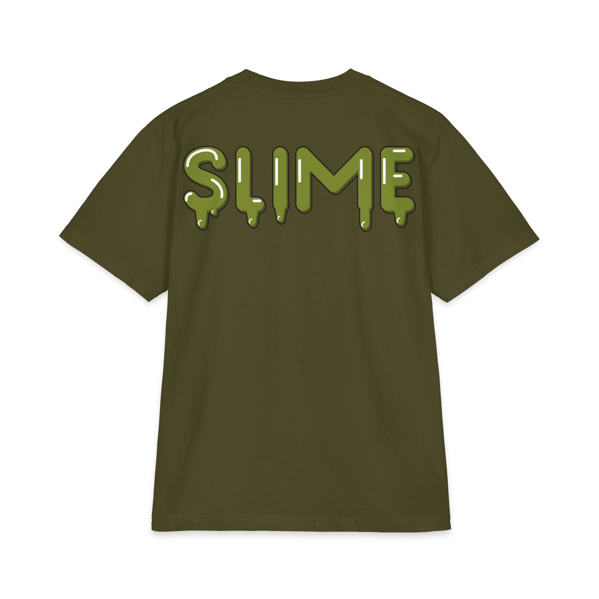 The Slime Shop Max Heavyweight Tee — White / Olive Slime $ Front + SLIME Back