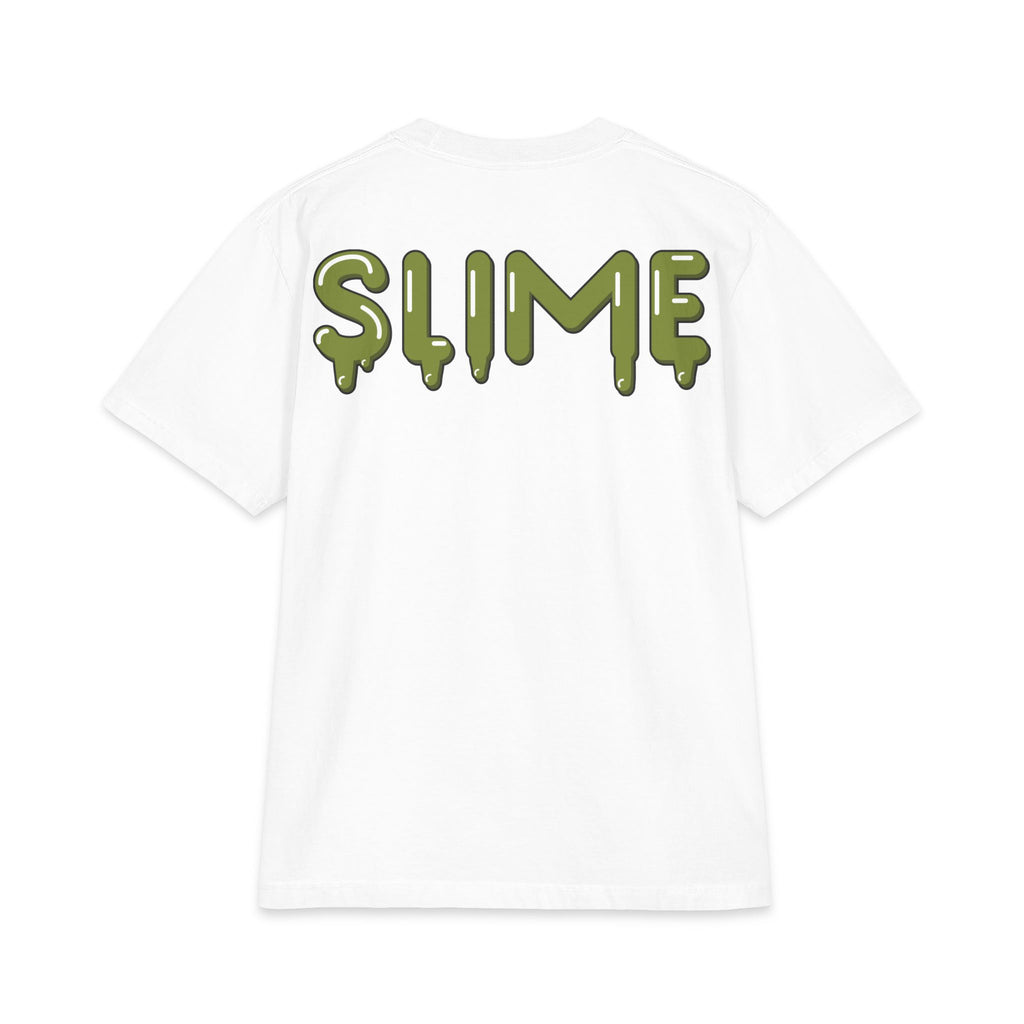 The Slime Shop Max Heavyweight Tee — White / Olive Slime $ Front + SLIME Back
