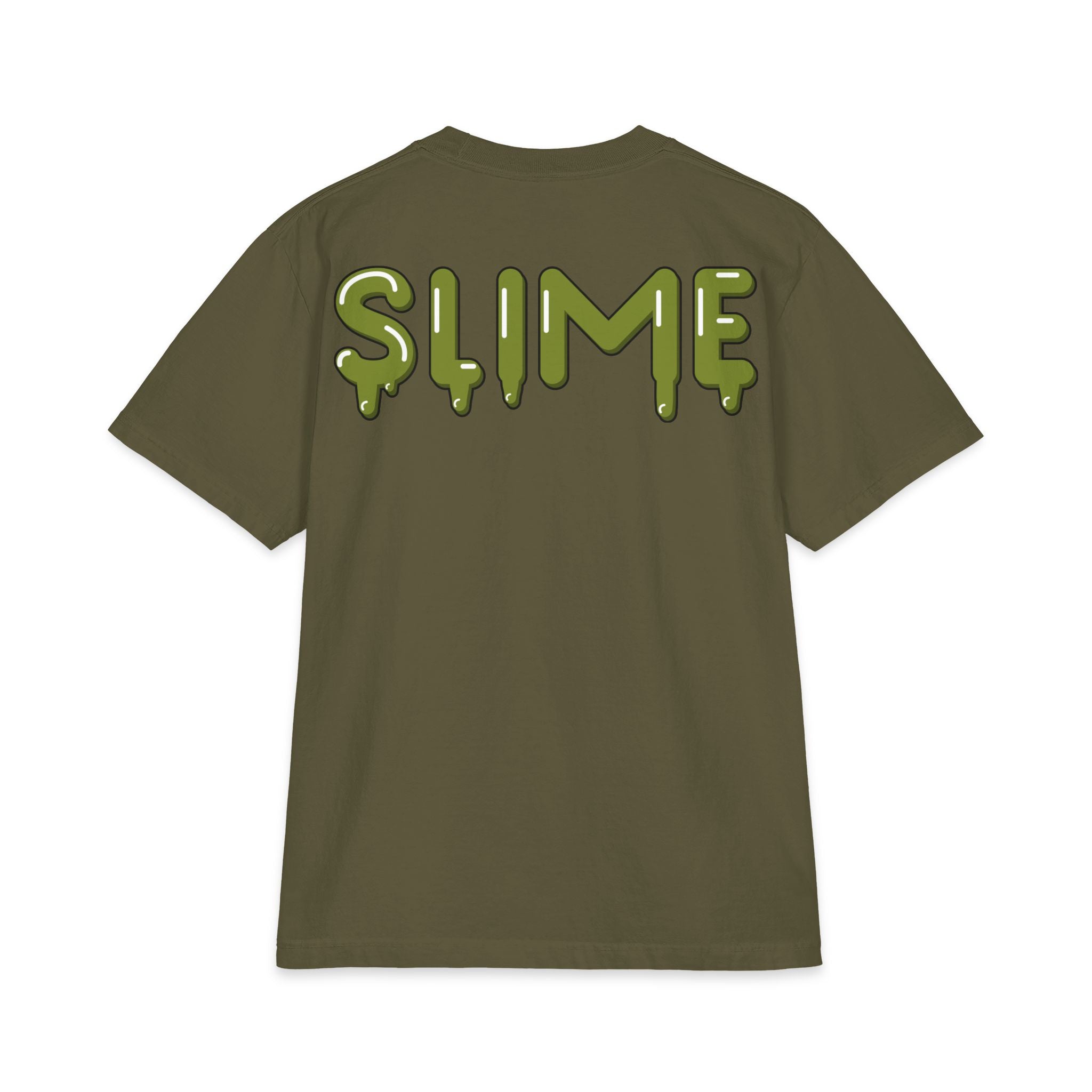The Slime Shop Max Heavyweight Tee — White / Olive Slime $ Front + SLIME Back