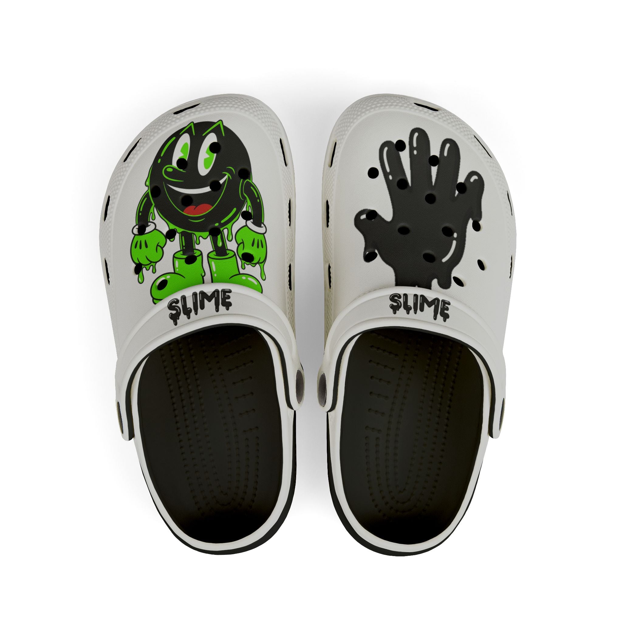 The Slime Shop Kids' EVA Foam Clogs — White / Green & Black Slime AOP (Slimeman Gzzz + Slime Hand)