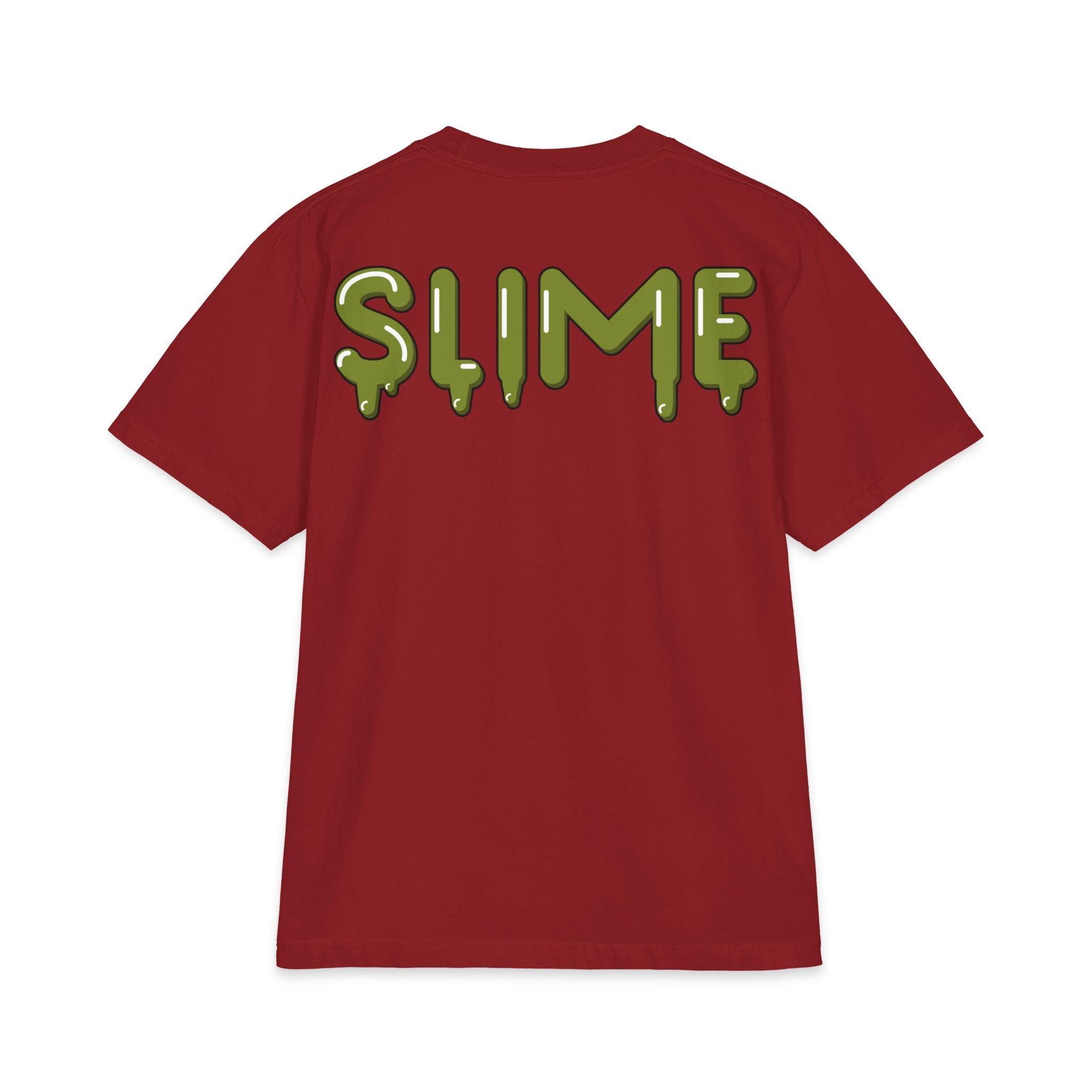 The Slime Shop Max Heavyweight Tee — White / Olive Slime In 5 Front + SLIME Back
