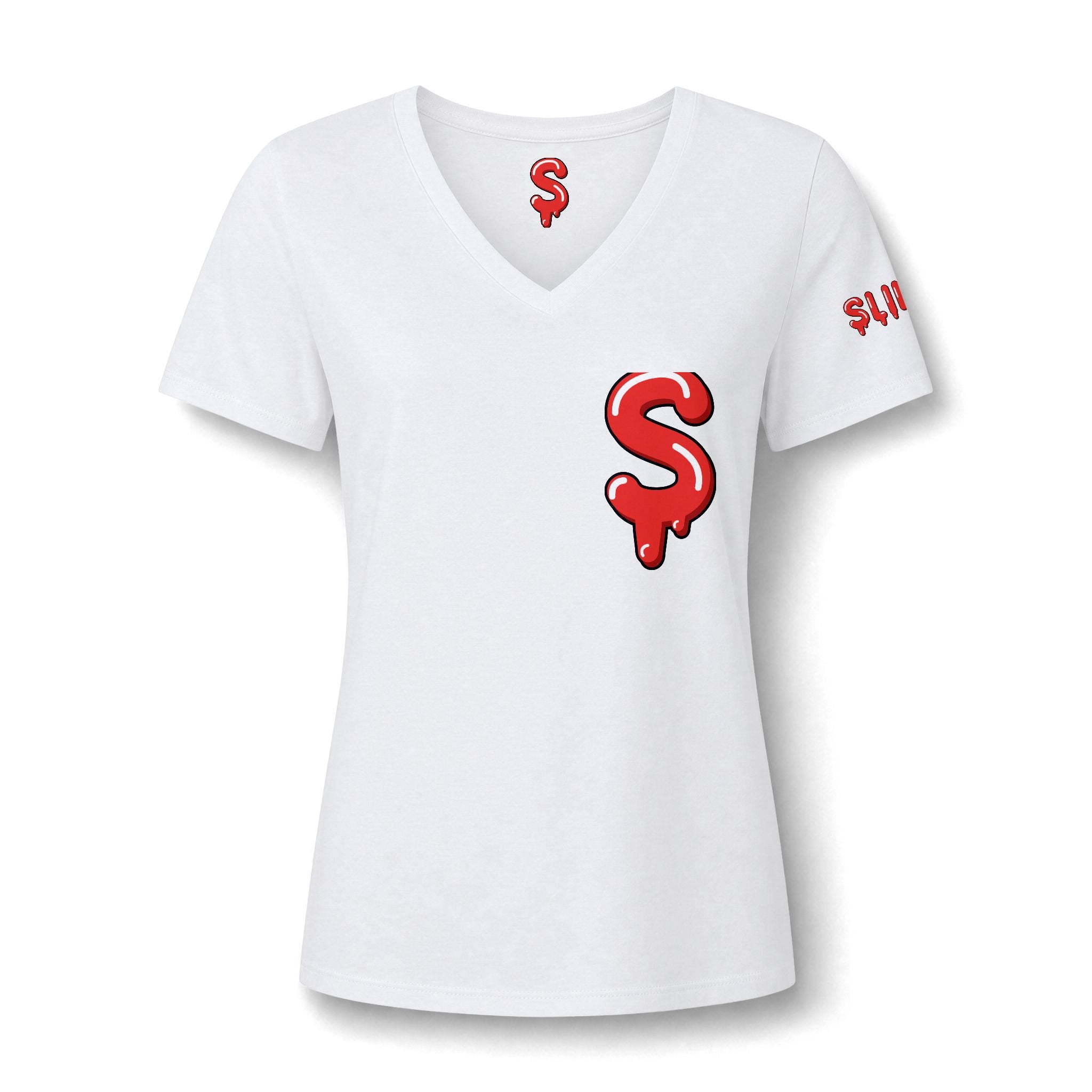 The Slime Shop Women's V-Neck Tee — White / Red Slime $