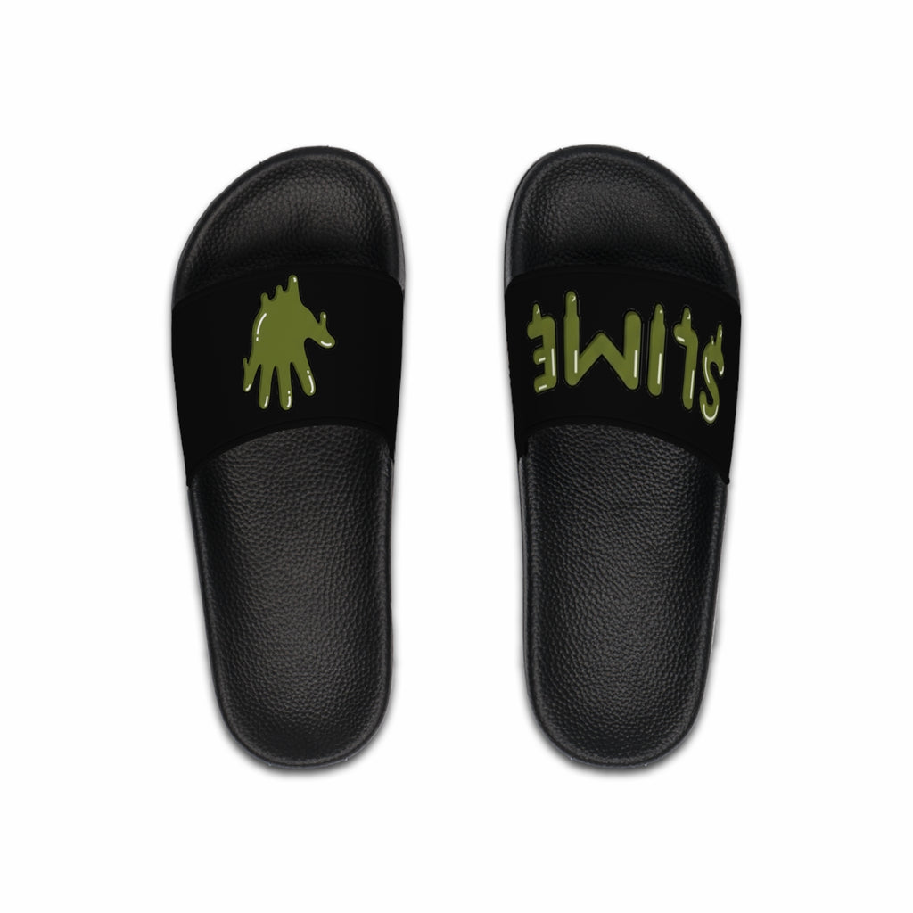 The Slime Shop slides in black with an olive five-finger slime hand logo