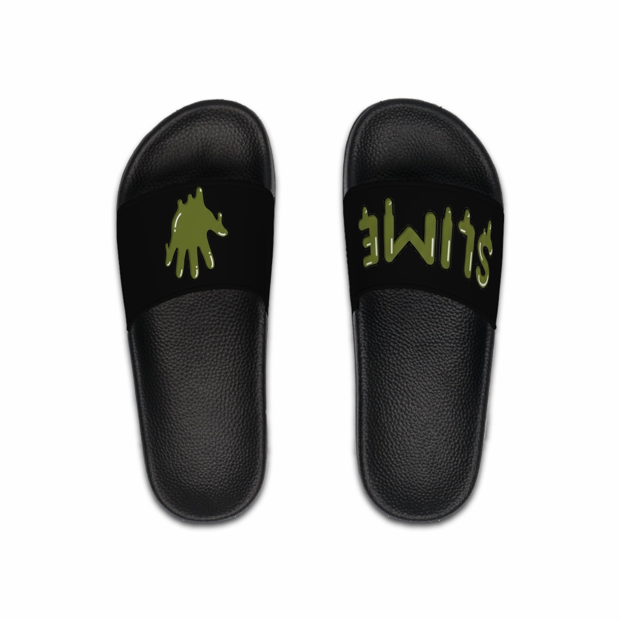 The Slime Shop slides in black with an olive five-finger slime hand logo