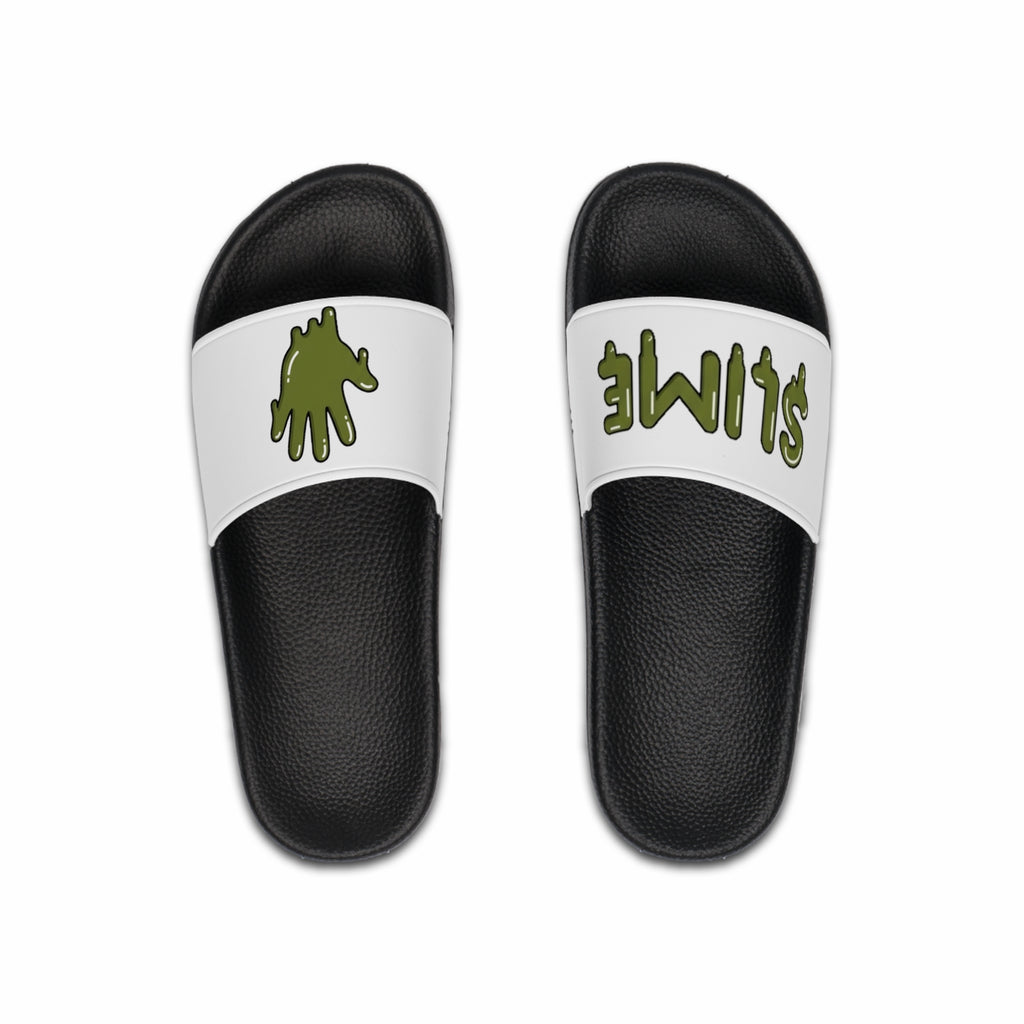 The Slime Shop slides in white with an olive five-finger slime hand logo