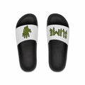 The Slime Shop slides in white with an olive five-finger slime hand logo