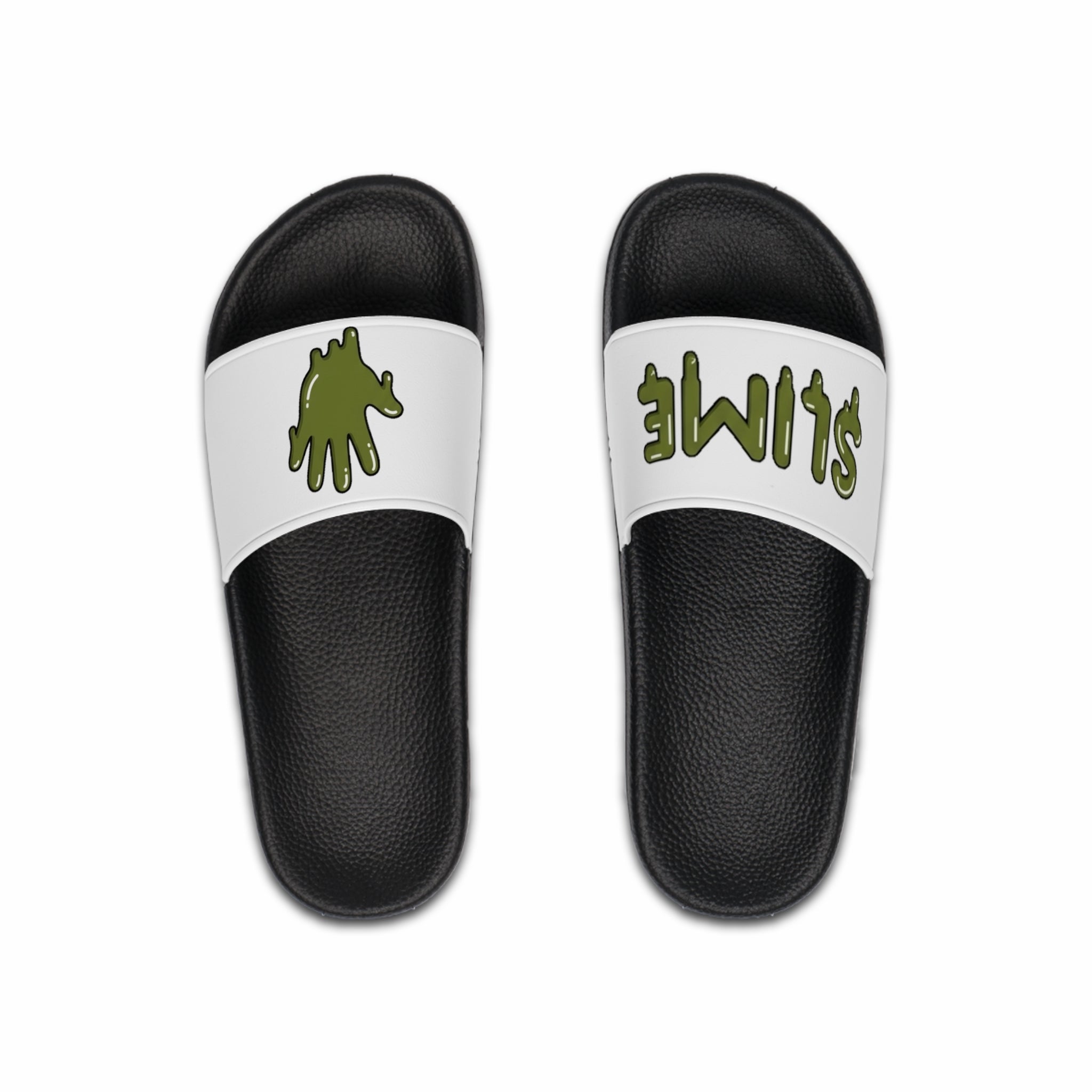The Slime Shop slides in white with an olive five-finger slime hand logo