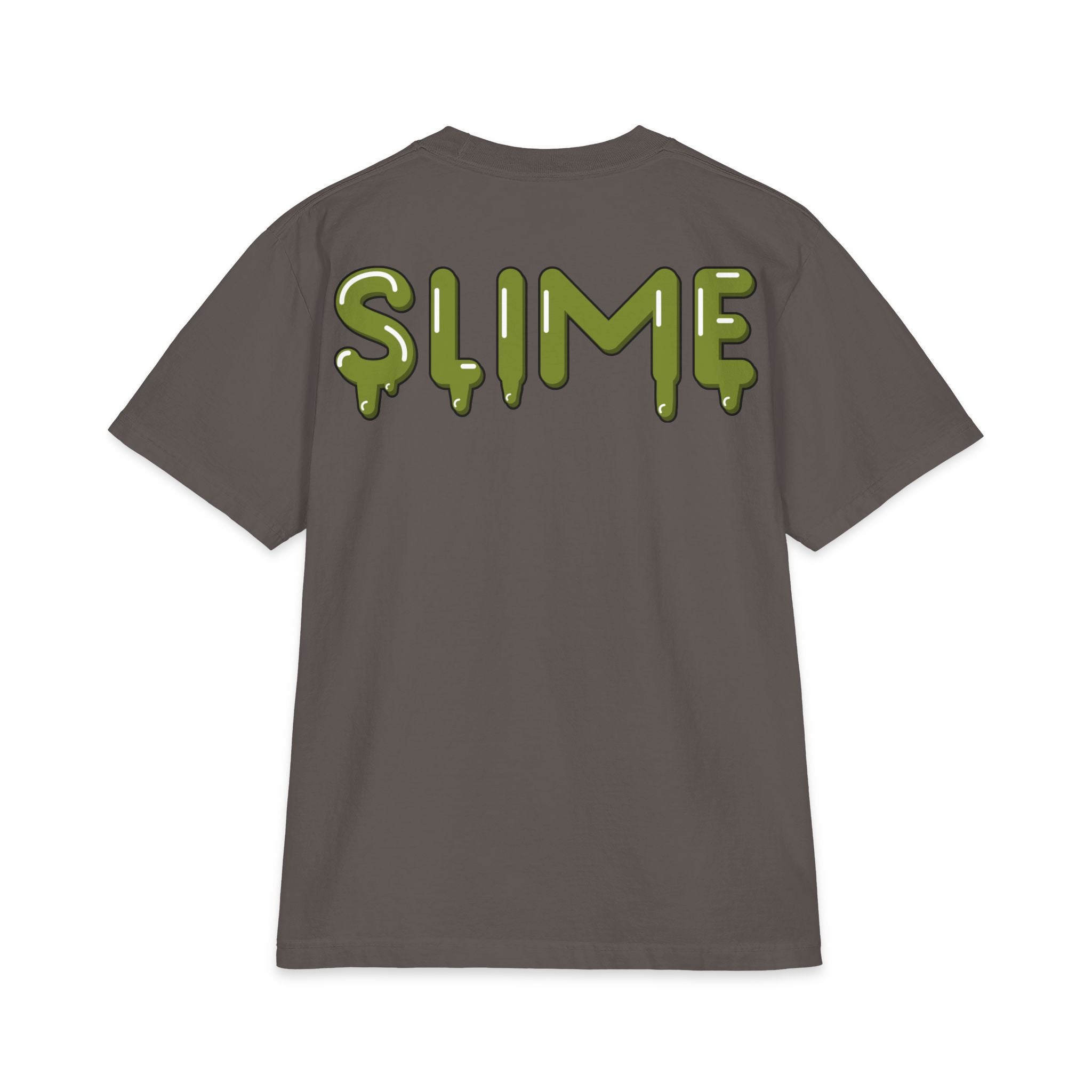 The Slime Shop Max Heavyweight Tee — White / Olive Slime $ Front + SLIME Back