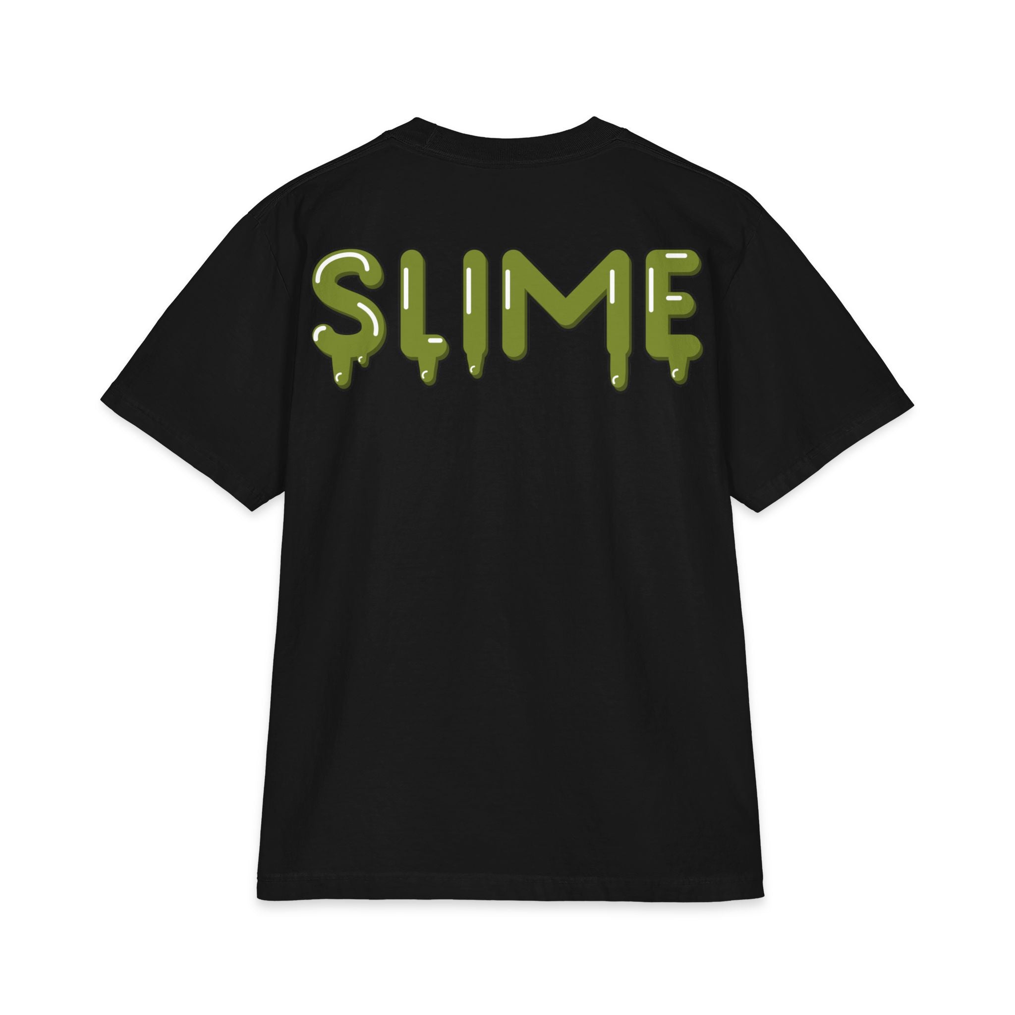 The Slime Shop Max Heavyweight Tee — White / Olive Slime In 5 Front + SLIME Back
