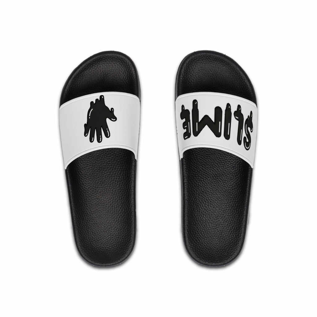 The Slime Shop slides in white with a black five-finger slime hand logo