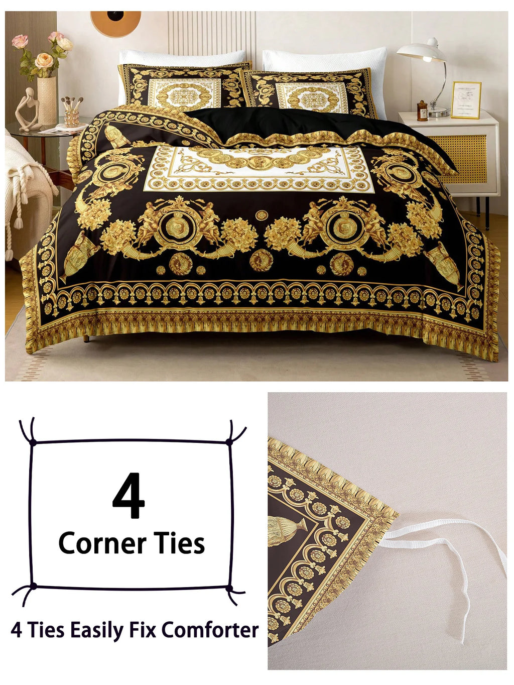 Black & Gold Duvet Cover Set – 3 Piece, Soft Microfiber