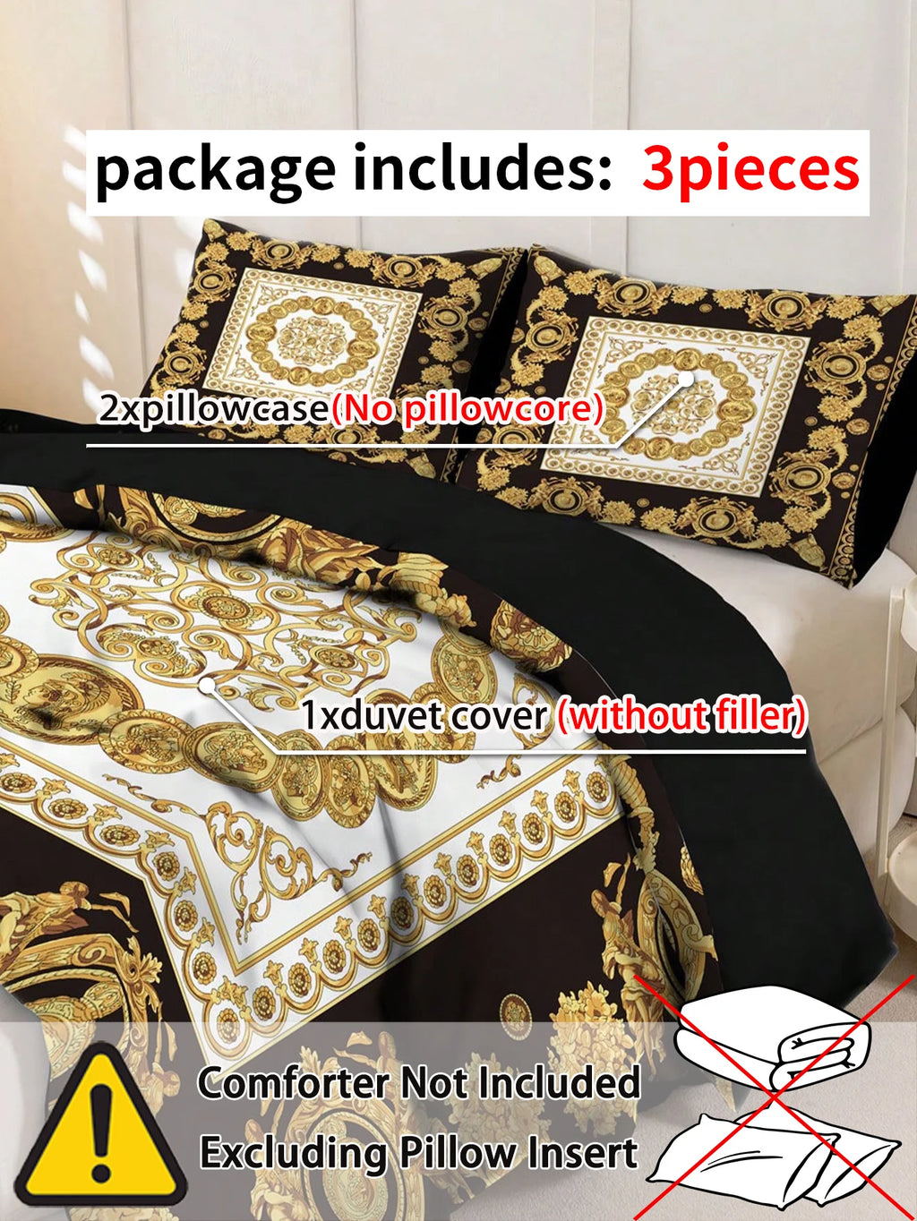 Black & Gold Duvet Cover Set – 3 Piece, Soft Microfiber