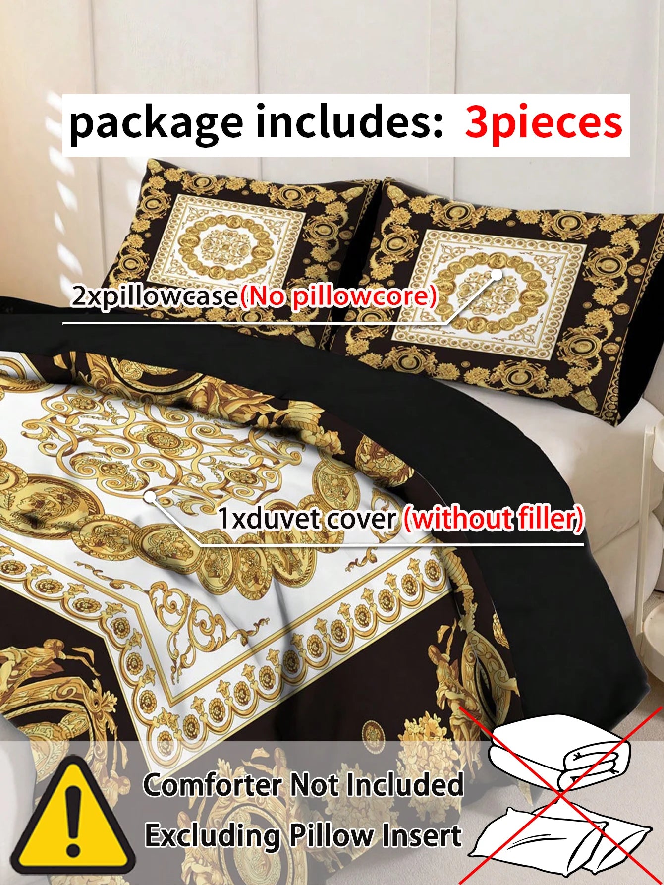 Black & Gold Duvet Cover Set – 3 Piece, Soft Microfiber