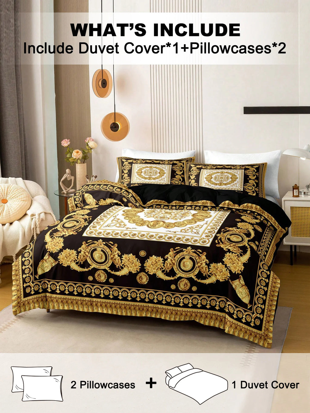 Black & Gold Duvet Cover Set – 3 Piece, Soft Microfiber