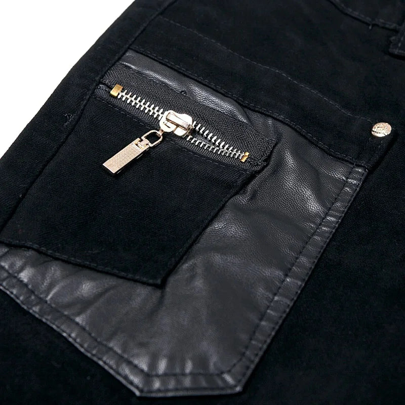 Men's Patchwork Slim Jeans – Panelled Black Streetwear Denim