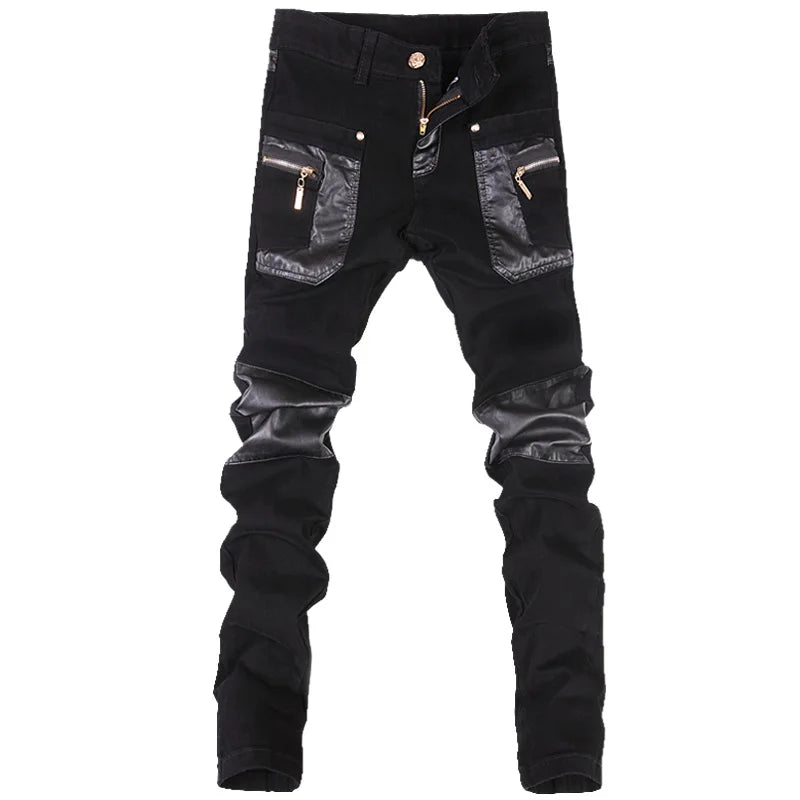 Men's Patchwork Slim Jeans – Panelled Black Streetwear Denim
