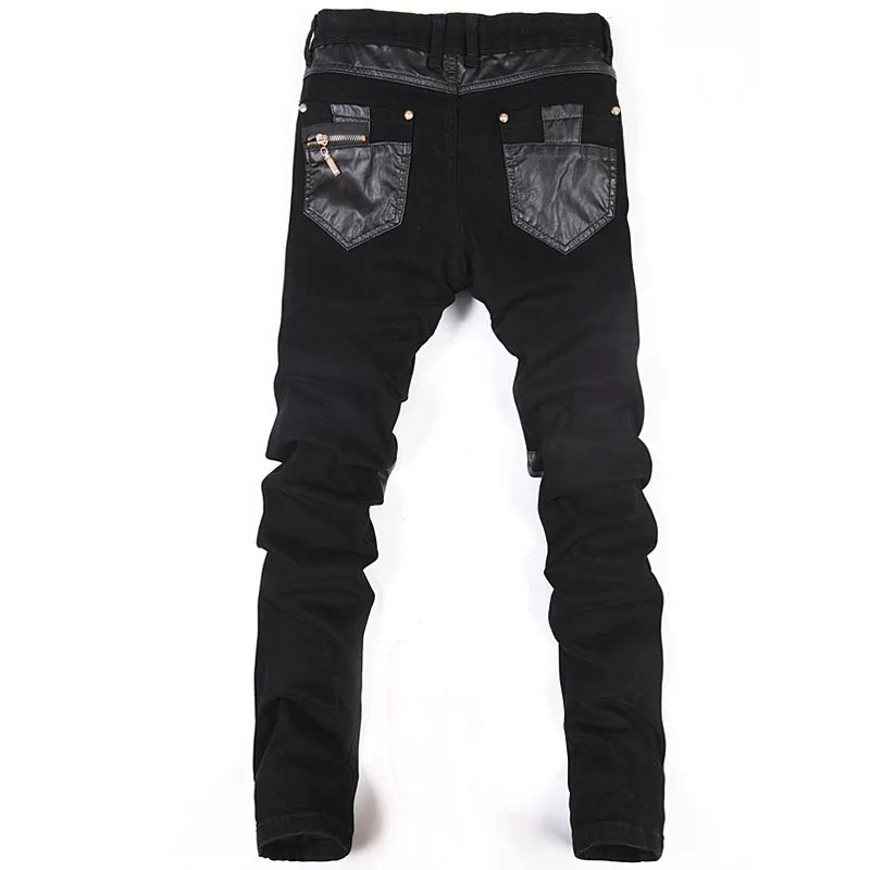 Men's Patchwork Slim Jeans – Panelled Black Streetwear Denim
