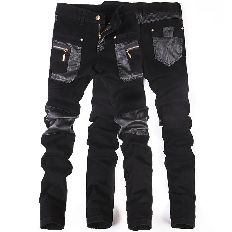 Men's Patchwork Slim Jeans – Panelled Black Streetwear Denim