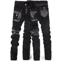 Men's Patchwork Slim Jeans – Panelled Black Streetwear Denim