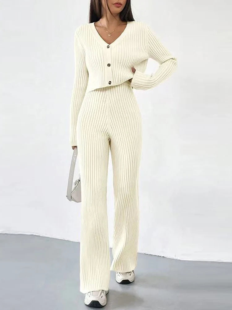 Ribbed Knit Wide-Leg Co-Ord (Cardigan + Pants)