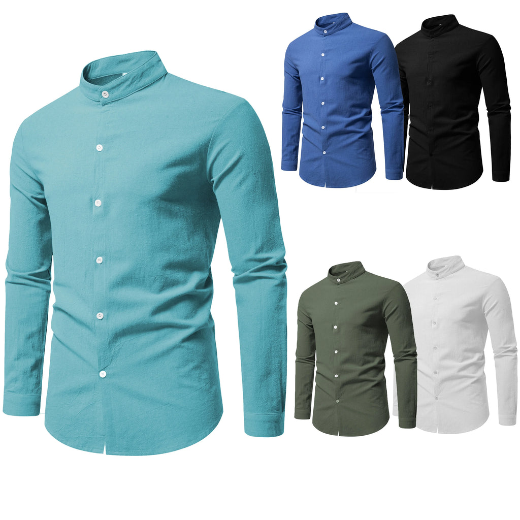Men's Stand-Collar Shirt – Long-Sleeve Cotton
