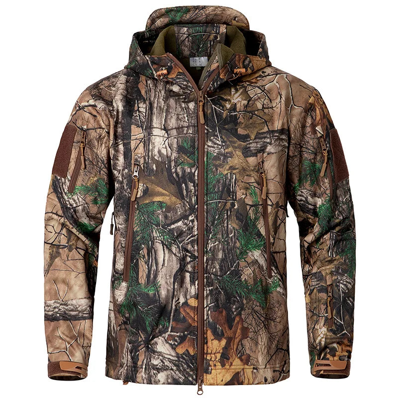 Camo hunting softshell jacket front