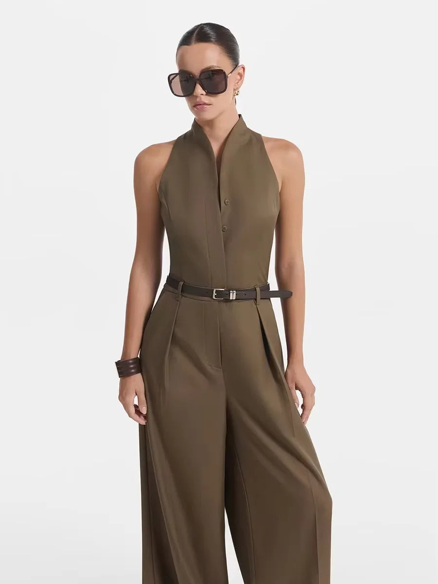 Sleeveless Wide-Leg Belted Jumpsuit