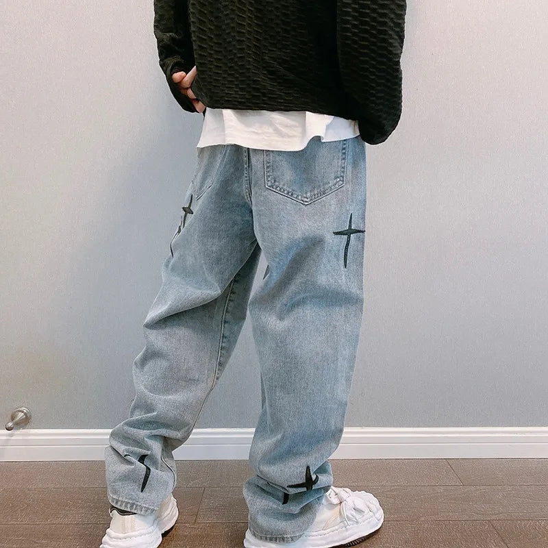 Men's Star-Print Jeans – Light-Wash Streetwear Denim