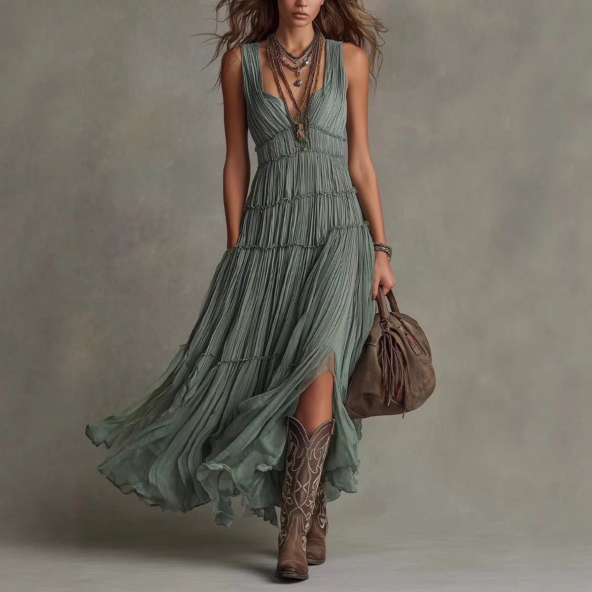 Tiered Ruffle Flowy Maxi Dress