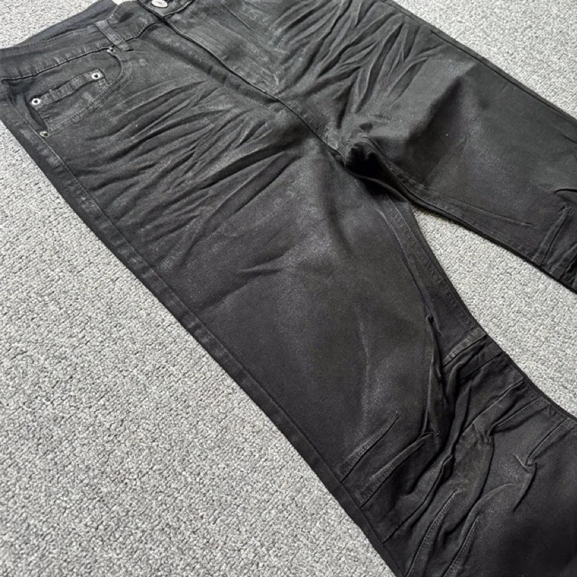 Men's Black Micro-Flare Jeans – Coated Gothic Streetwear