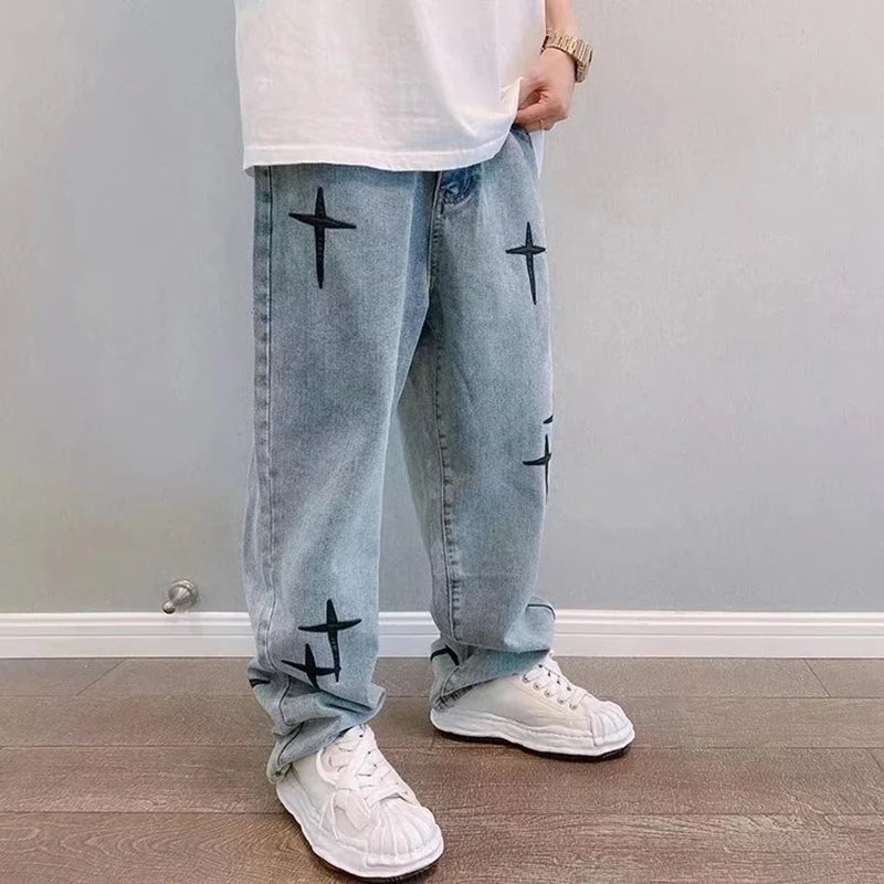 Men's Star-Print Jeans – Light-Wash Streetwear Denim
