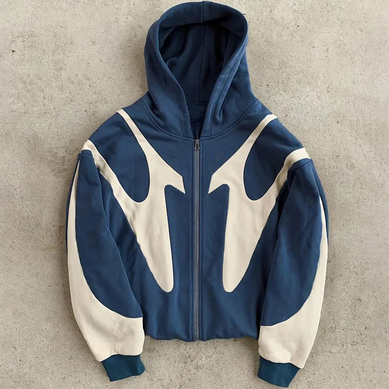 Men's Spliced Two-Tone Zip Hoodie – Contrast Panel Streetwear