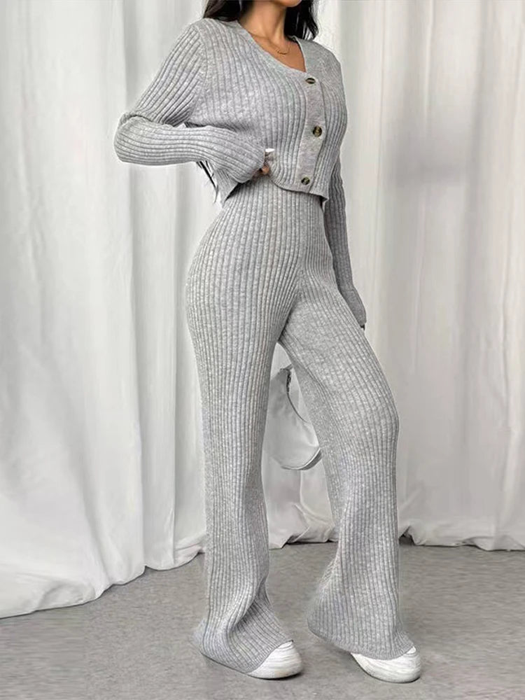 Ribbed Knit Wide-Leg Co-Ord (Cardigan + Pants)