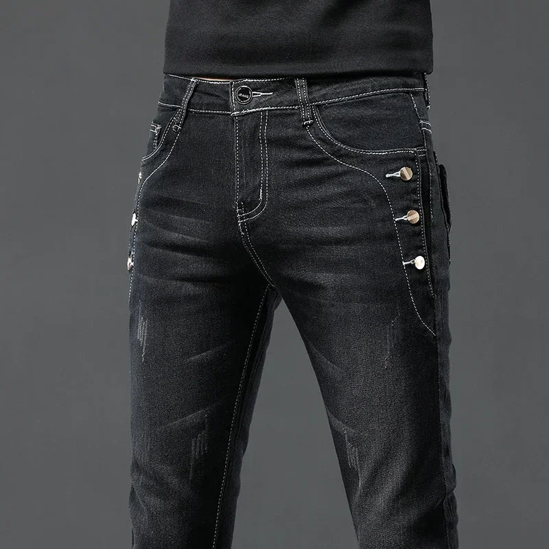 Men's Acid-Wash Slim Jeans – Snow-Wash Black Stretch Denim