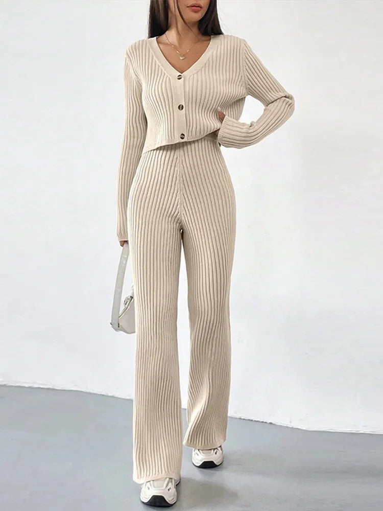 Ribbed Knit Wide-Leg Co-Ord (Cardigan + Pants)