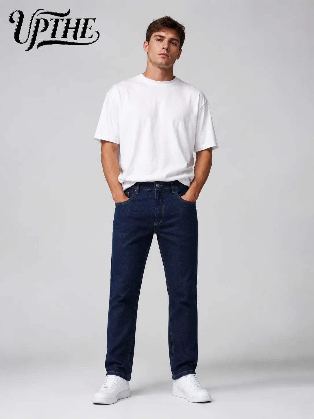 Men's Slim Straight-Leg Jeans – Dark Blue Stretch Denim