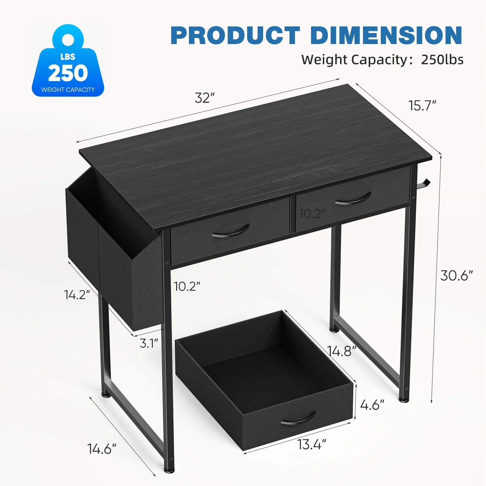 32-Inch Office Computer Desk – Storage Drawers & Metal Frame