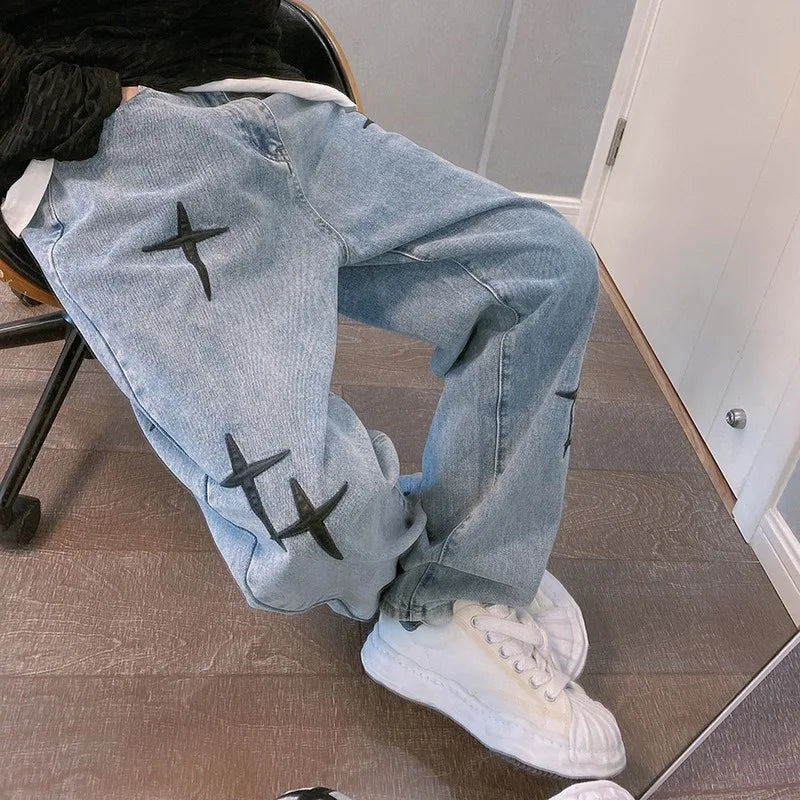 Men's Star-Print Jeans – Light-Wash Streetwear Denim