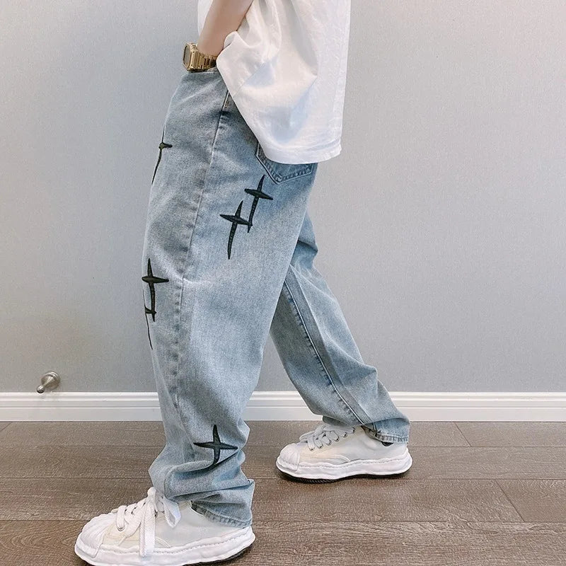 Men's Star-Print Jeans – Light-Wash Streetwear Denim