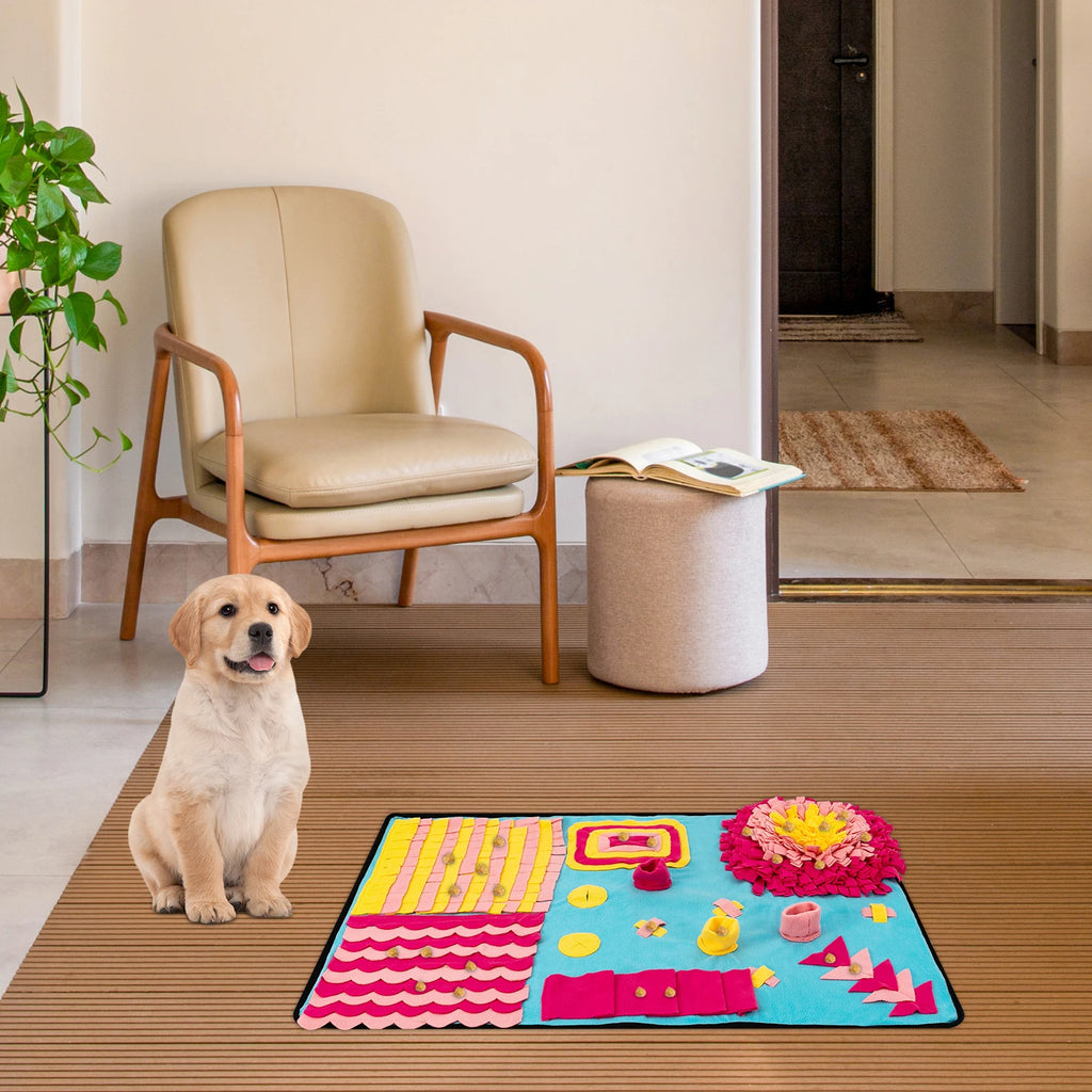 Dog using snuffle mat