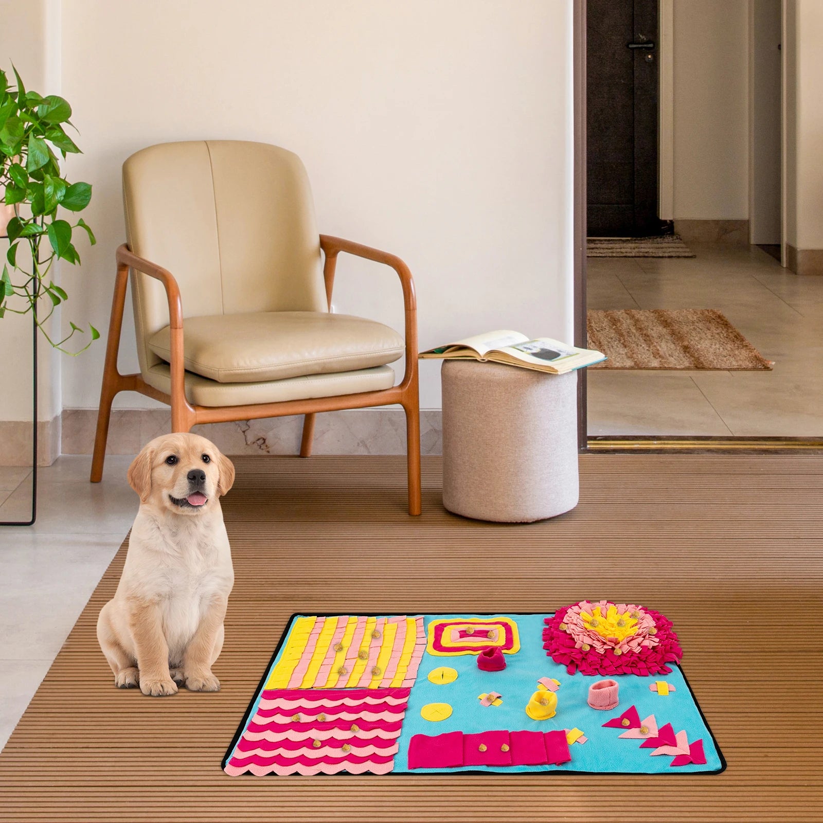 Dog using snuffle mat