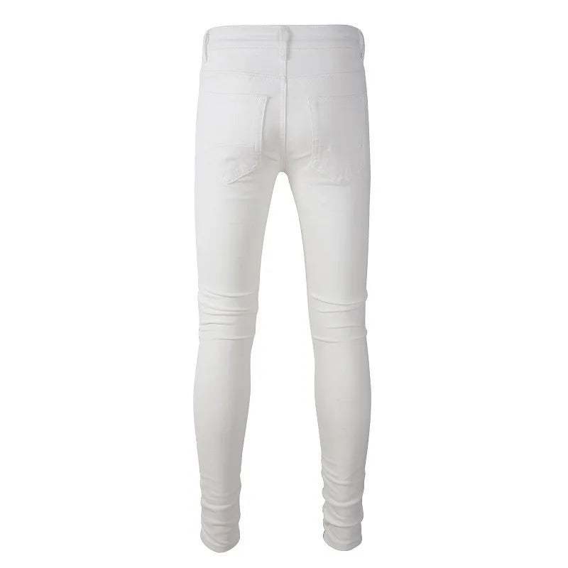 Men's Slim Biker Jeans – White Ribbed-Panel Denim